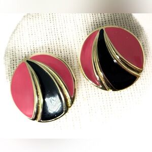 Vintage Goldtone Enamel Pink & Black Circle Earrings‎